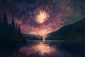 a painting of a fireworks in the sky over a lake