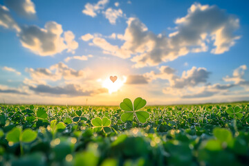 a field of green grass with a heart shaped clover