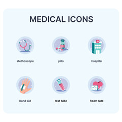 set of icons medical equipmen;stethoscope,pills, modern hospital,band aid,test tube,heart rate.
