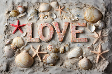 a picture of a beach with shells and a love sign