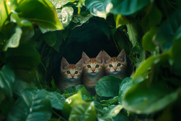 three kittens are sitting in a hole in the leaves