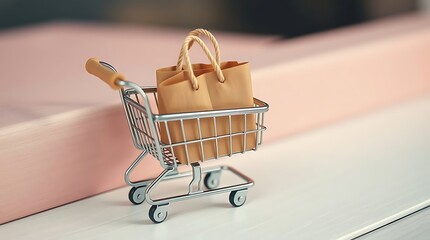 A miniature silver shopping cart holds two small light brown paper bags on a pink and white surface