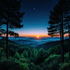 Naklejka premium Sunrise view from a mountaintop through pine trees