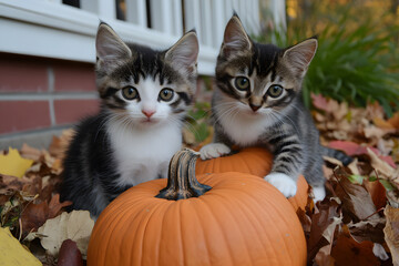 two kittens sitting next to a pumpkin on the ground