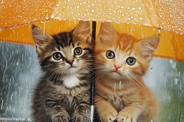 two kittens are sitting under an umbrella in the rain