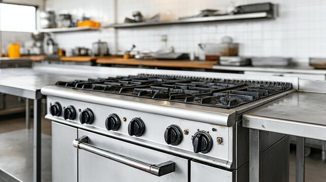 Stainless steel commercial gas stove in a kitchen.