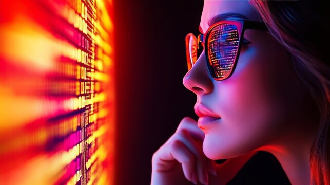 Data Analyst in the Digital Spectrum: A data analyst in an immersive digital environment, reflected in her glasses as she analyzes complex data and charts, capturing the essence of the digital era.