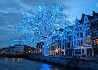  Enchanting evening scene: tree adorned with blue lights by the riverbank