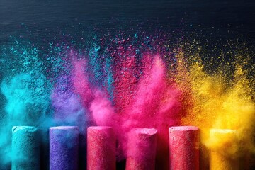 Vibrant colored chalk dust explosion on a dark surface.