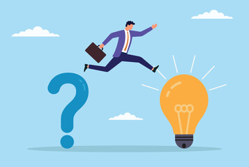 Vector illustration of a businessman jumping from a question mark to a bright light bulb, representing the leap from confusion and doubt to clarity, innovative ideas, and successful problem solving
