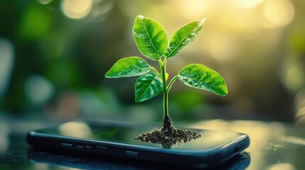 Fototapeta premium Young plant growing on a mobile device.
