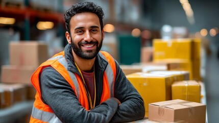 Warehouse Worker's Smile: A warehouse worker, wearing a high-visibility vest, exudes confidence and contentment as he smiles warmly. Captured with authentic lighting and a soft focus.