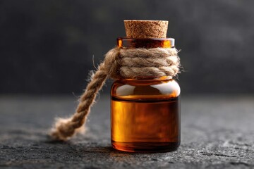 Amber glass bottle with natural rope tied around the neck.
