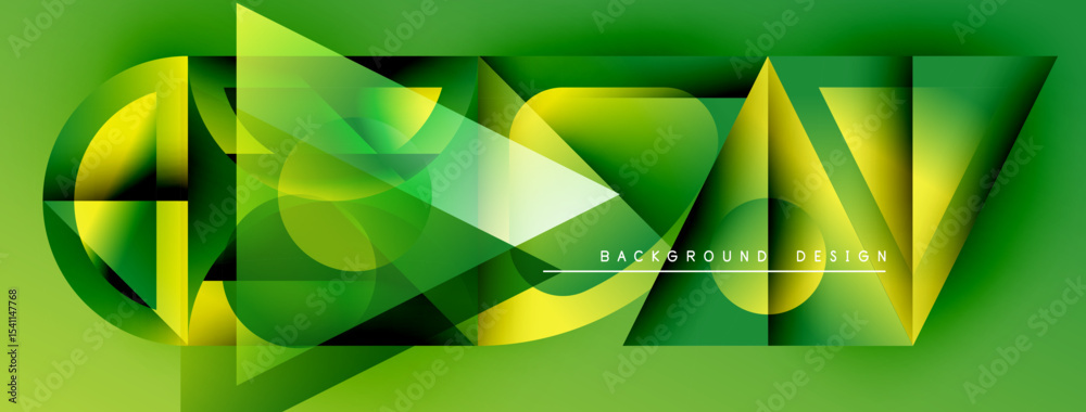 Poster Abstract geometric design. Green shades dominate composition. Dynamic shapes create modern visual effect. Text reads background design.