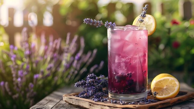 A tall glass of iced blueberry lavender lemonade, garnished with fresh lavender sprigs and served with a lemon wedge on a rustic wooden tray in a garden setting