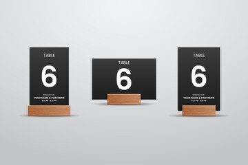 Black Table Number 6 Card Mockup with Wooden Stand, Vertical and Horizontal Layout