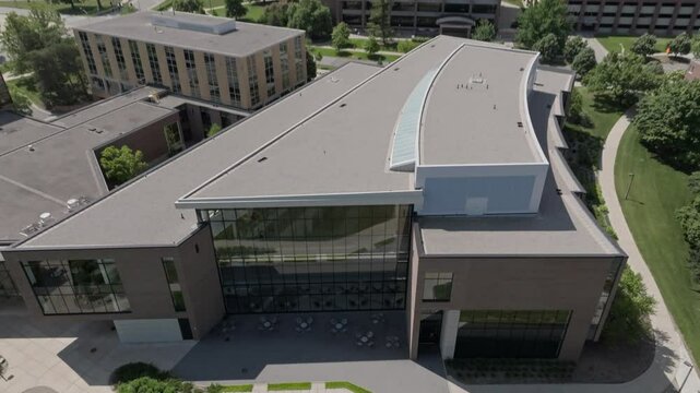 Michigan State University Aerial Drone back of Eli Broad College of Business Pull back