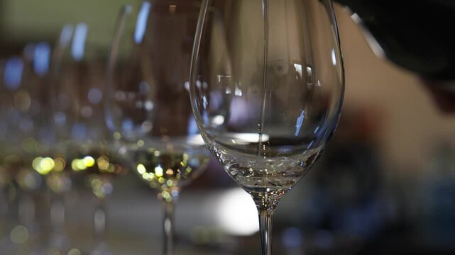 White Wine Being Poured Into A Row Of Fine Glasses, Professional Wine Tasting Event. Selective Focus Shot