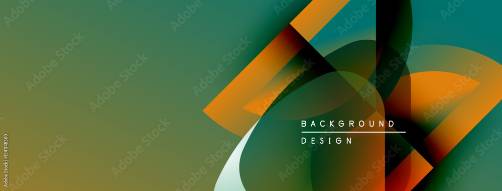 Poster Abstract design features overlapping shapes, gradients. Colors include orange, teal, brown. Text reads background design. Modern aesthetic.