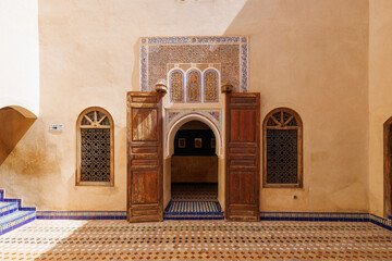 Scenic views of ornate doorways in the Bahia Palace, Old Town Medina area of Marrakech, west Morocco 