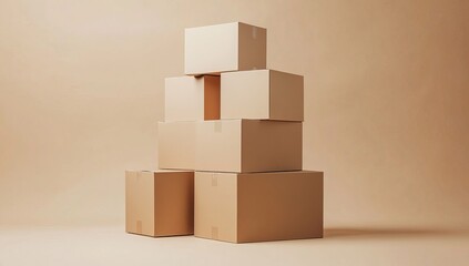 Obraz premium A stack of cardboard boxes arranged in the shape of an arrow, pointing upwards against a light beige background. The scene is captured from a frontal perspective with soft lighting that highlights