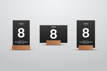 Black Table Number 8 Card with Wooden Stand – Vertical and Horizontal Layout