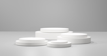 Minimal white round podium stage set on gray background for product display, branding, or presentation. Empty 3D cylinder pedestal with soft lighting for mockup, marketing, and commercial use.