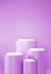 Product display on white round podiums against a vibrant purple background. Showcasing cosmetics, tech gadgets, fashion accessories, or luxury items. Perfect for e-commerce, advertising, and branding