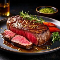 Steak Medium rare with slice of juicy meal and elegant planting
