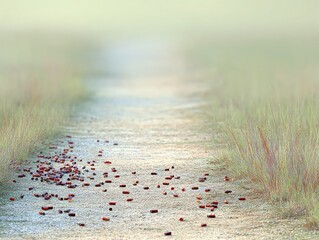 Path through grassy field with scattered objects