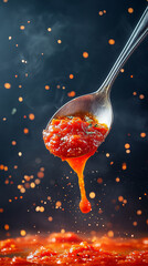 Close-up of spoonful of vibrant tomato sauce with splashes