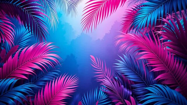 Neon Tropical Palm Leaves - Abstract Pink Blue Vibrant Background
