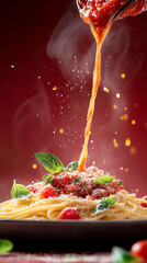 Delicious spaghetti topped with rich tomato sauce and basil