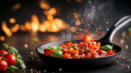 Sizzling tomato sauce in a skillet with fresh herbs