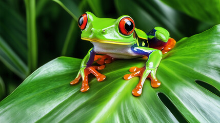 A vibrant tree frog rests on a tropical leaf, embodying nature's delicate beauty.