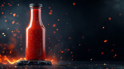Spicy ketchup bottle on a dramatic fiery background