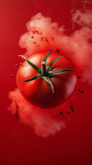 Fresh tomato surrounded by vibrant smoke and spices