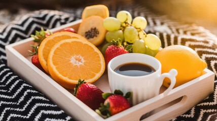 Morning Delight: A Tray of Fresh Fruits and Coffee for a Relaxing Breakfast