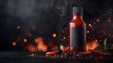 Spicy chili sauce bottle with fresh ingredients and smoke