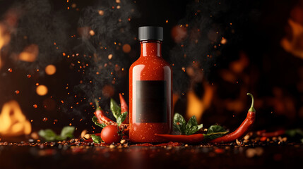 Spicy hot sauce bottle surrounded by fresh ingredients