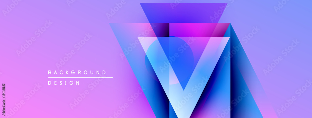 Poster abstract geometric design. purple, blue gradients create layered triangular shapes. modern aesthetic