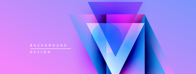 Abstract geometric design. Purple, blue gradients create layered triangular shapes. Modern aesthetic, vibrant colors, digital illustration.