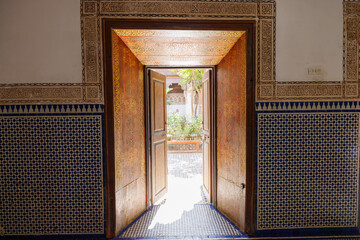 Scenic views of ornate doorways in the Bahia Palace, Old Town Medina area of Marrakech, west Morocco 