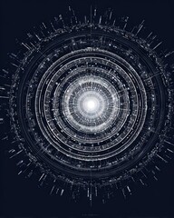 Radial Data Core Mandala Featuring Concentric Digital Layers, Central AI Consciousness, and Abstract Server Network Circuitry in High-Detail Symmetry