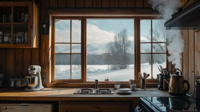 Rustic kitchen with snowy mountain view, steaming kettle