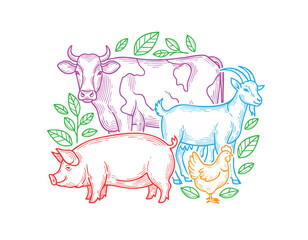Colorful farm animal group cow, pig, goat, chicken drawn in engraved line art style, surrounded by green leaves for eco and agriculture themes.