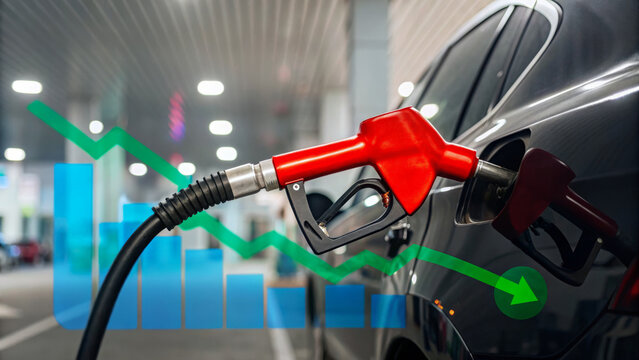 Gasoline price drop with renewable energy impact. Oil price and renewable energy concept. economic effect, energy security, financial market connection.