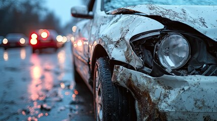 Close-up of a damaged white car after a traffic collision, with broken headlights and a fender. 