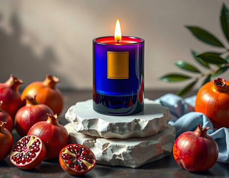 Vela aromática azul con frutas y follaje, ambientación elegante y relajante para spa, bienestar, aromaterapia y productos naturales.
