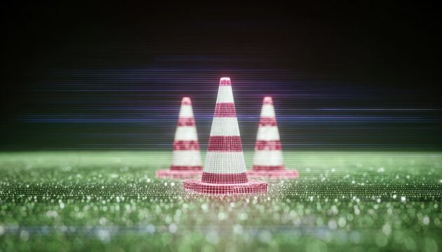 Three 3D rendered traffic cones on a grassy field with a dark background and blurred light trails